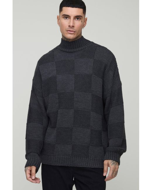 BoohooMAN Tall karierter Oversize Pullover mit Trichterkragen in Blue für Herren