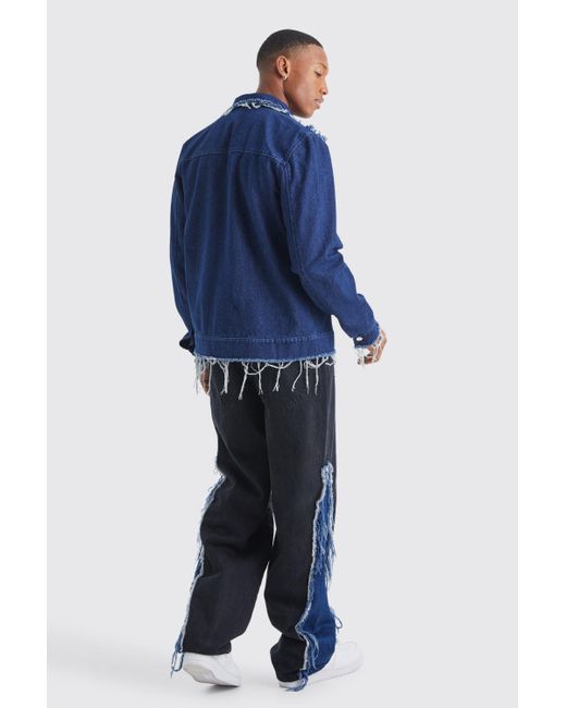 BoohooMAN Blue Baggy Rigid Frayed Spliced Jeans In True Black for men
