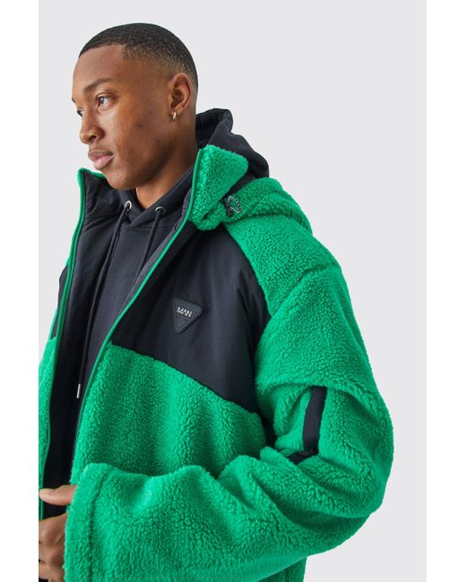 BoohooMAN Green Borg & Nylon Mix Jacket With Hood for men