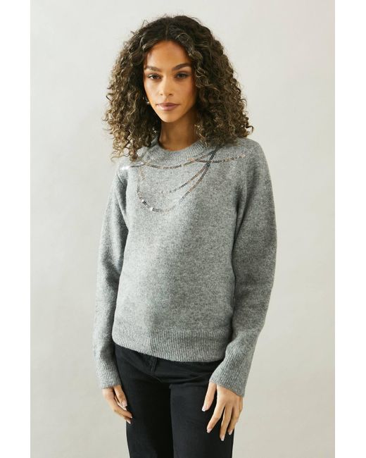 Wallis Gray Sequin Necklace Detail Sweater