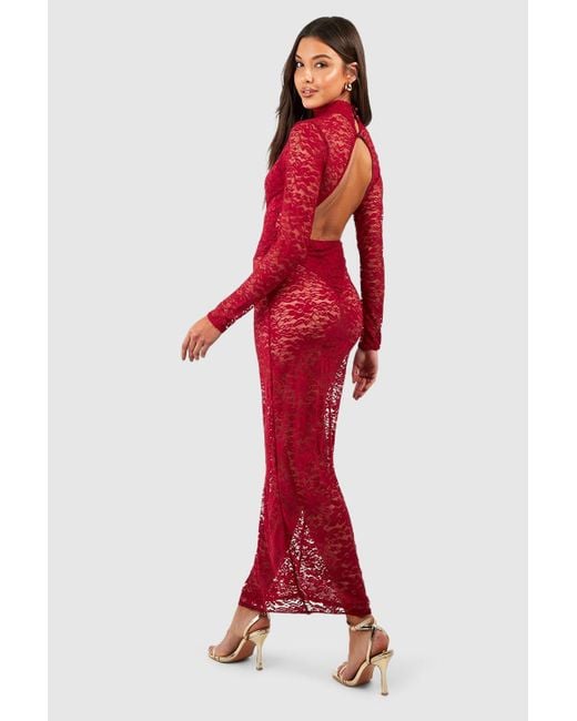 Boohoo Red Lace High Neck Backless Maxi Dress