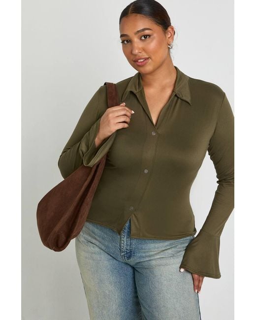 Boohoo Green Plus Collared Button Down Long Sleeve Top