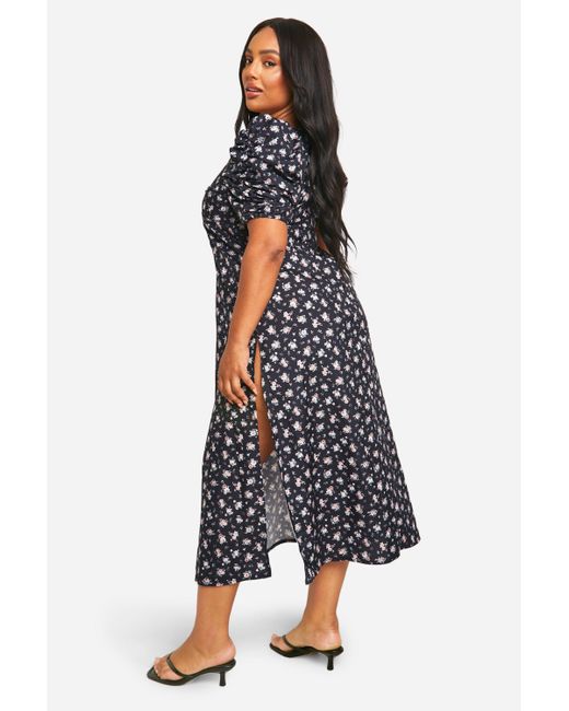 Boohoo Blue Plus Woven Ditsy Floral Ruched Milkmaid Dress