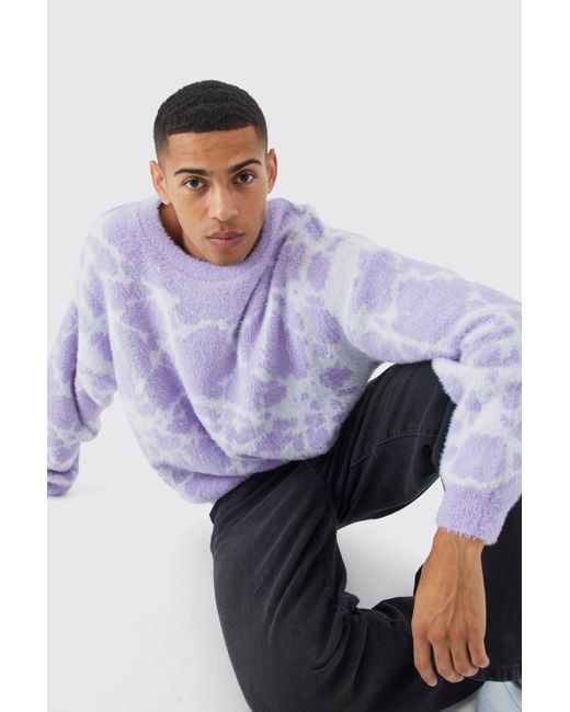 BoohooMAN Purple Fluffy Abstract Knitted Boxy Jumper for men