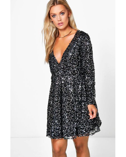 black wrap skater dress