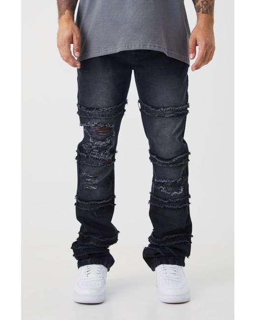 BoohooMAN Blue Slim Rigid Flare Frayed Panelled Ripped Jeans for men