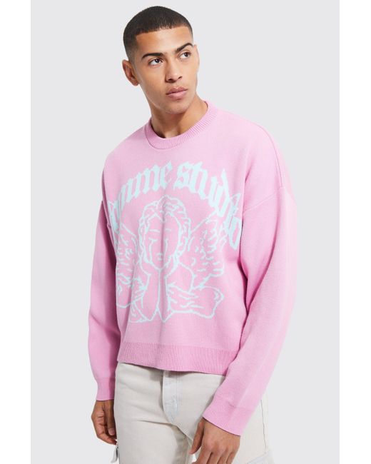 Boxy Fit Homme Angel Knitted Jumper BoohooMAN de hombre de color Pink