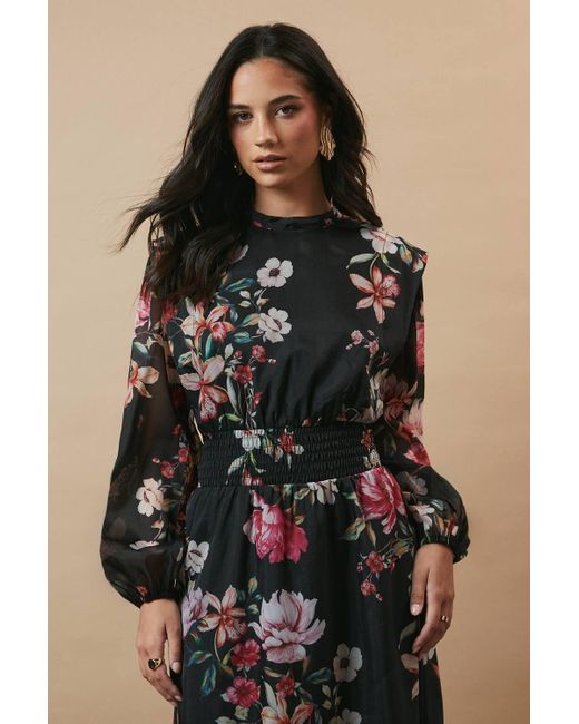 Oasis Black Floral Organza Shirred Waist Tie Back Midi Dress