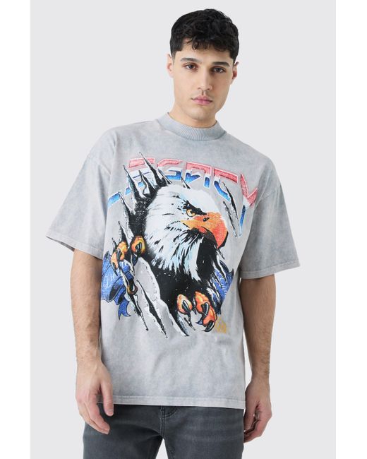 BoohooMAN Gray Oversized Eagle Graphic Acid Wash Heavyweight T-shirt for men