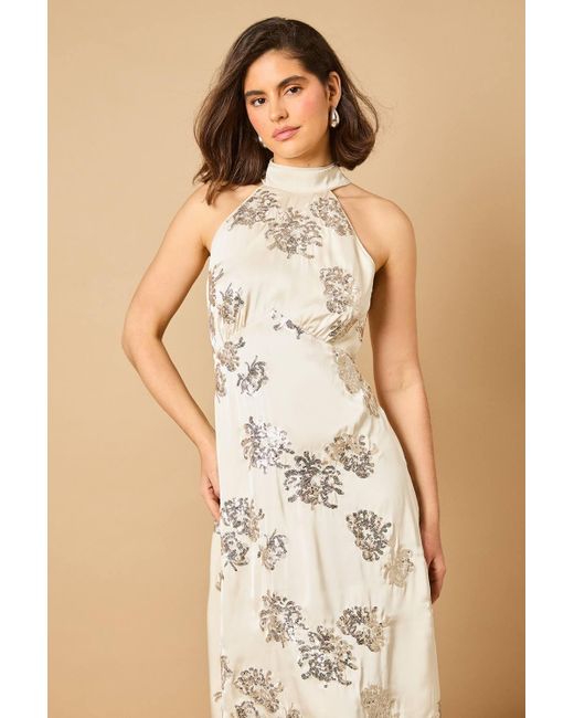 Oasis Natural Sequin Bias Halterneck Midi Dress