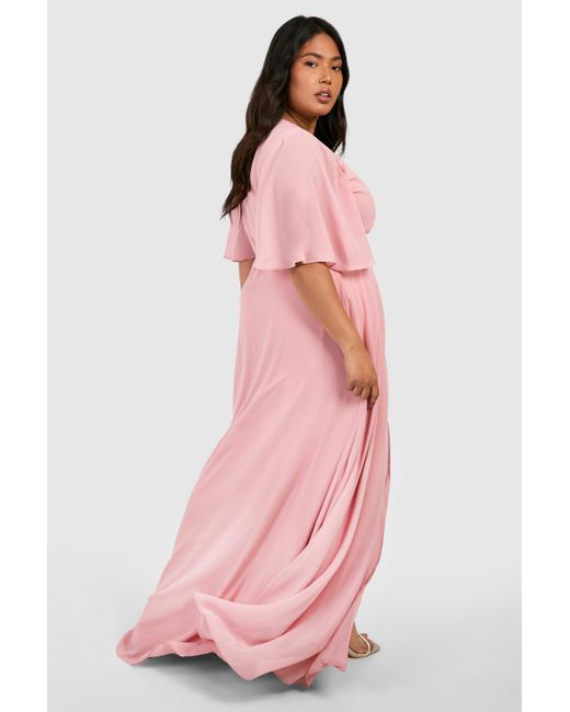 Boohoo Pink Plus Angel Sleeve Wrap Bridesmaid Dress