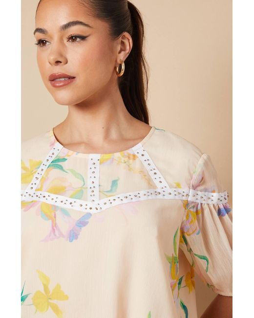 Oasis Blue Floral Hand Embellished Trim Scoop Neck Half Sleeve Blouse