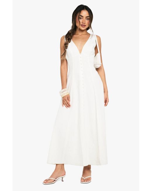 Boohoo White Linen Look Button Detail Midaxi Dress