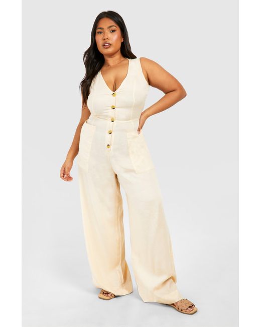 Boohoo Natural Plus Woven Tailored Button Down Jumpsuit