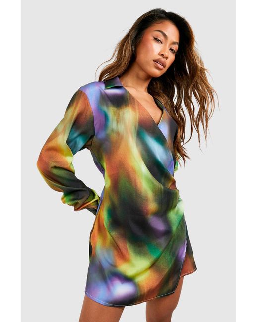 Boohoo Multicolor Abstract Satin Wrap Shirt Dress