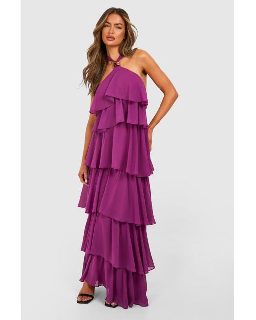 Boohoo Purple Chiffon Trim Detail Tiered Maxi Dress