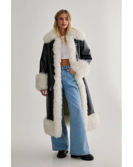 Nasty Gal Blue Plush Collar Bonded Maxi Aviator