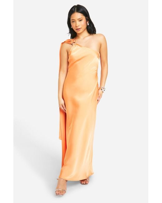 Boohoo Orange Petite Satin Draped Shoulder Maxi Dress