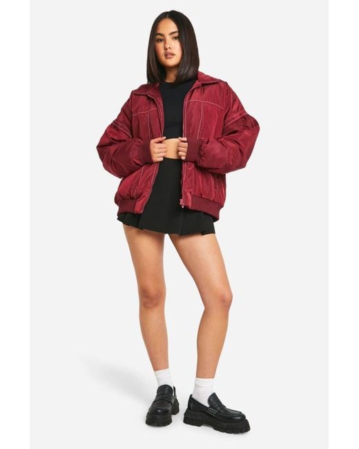 Boohoo Red Contrast Stitch Detail Oversized Bomber Jacket