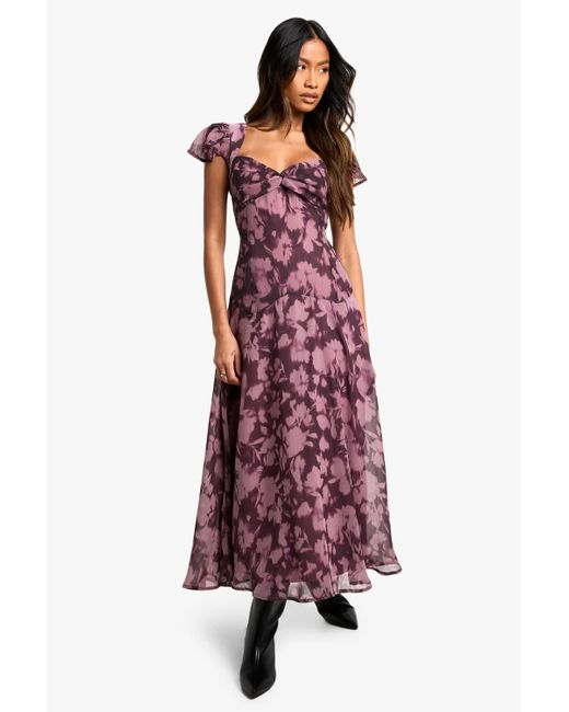 Boohoo Red Floral Long Sleeve Twist Front Midaxi Dress