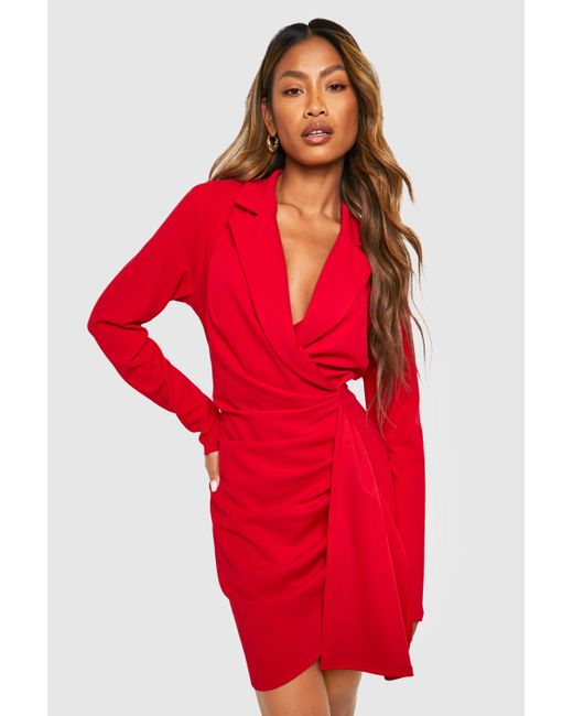Boohoo Red Ruched Drape Long Sleeve Blazer Dress