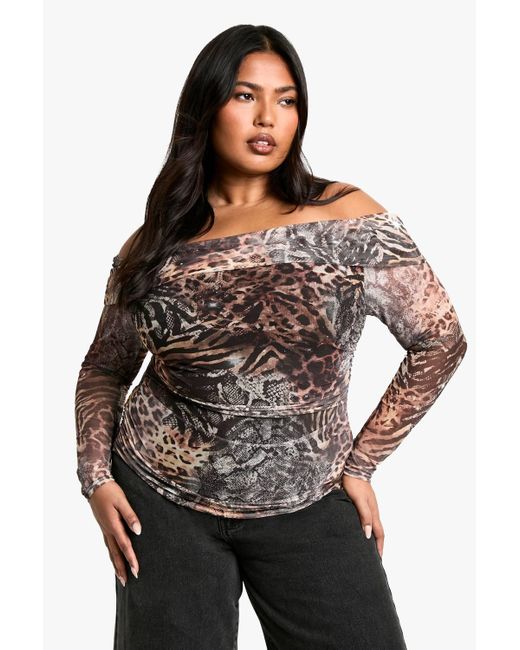 Boohoo Gray Plus Leopard Mesh Bardot Top