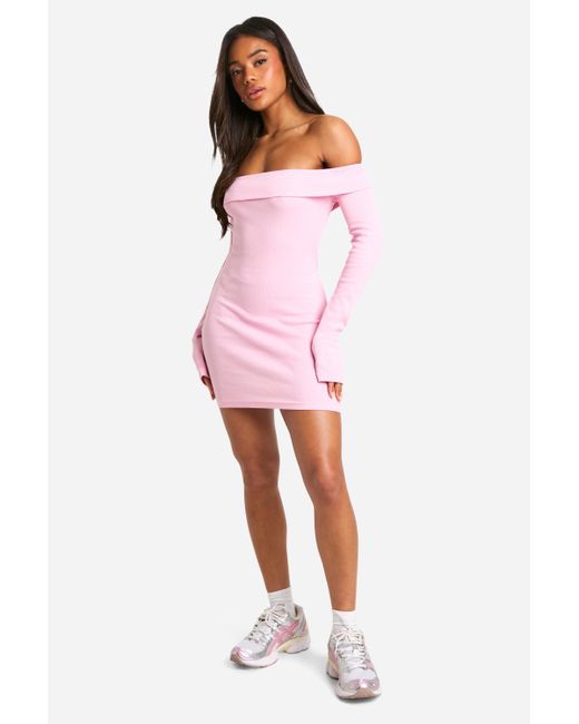 Boohoo Pink Basic Rib Bardot Mini Dress