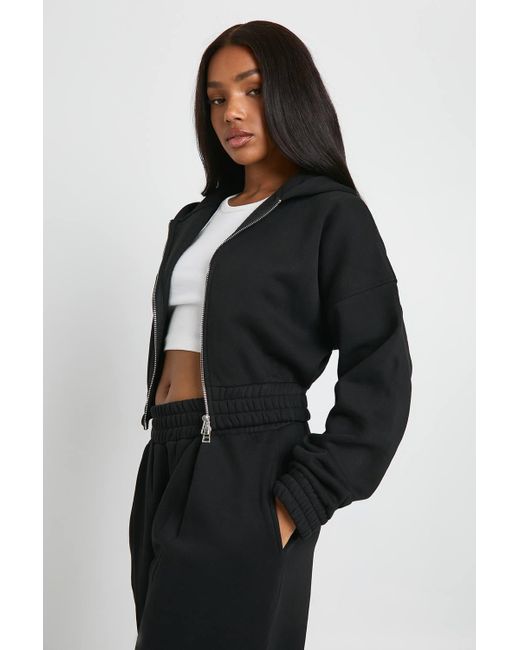 Boohoo Black Cropped Double Zip Cinched Waist Hoodie