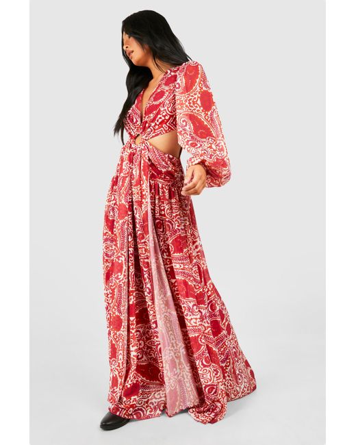 Boohoo Red Petite Tile Print Ring Detail Cut Out Maxi Dress