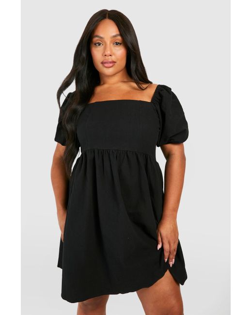 Boohoo Black Plus Linen Puff Sleeve Mini Smock Dress