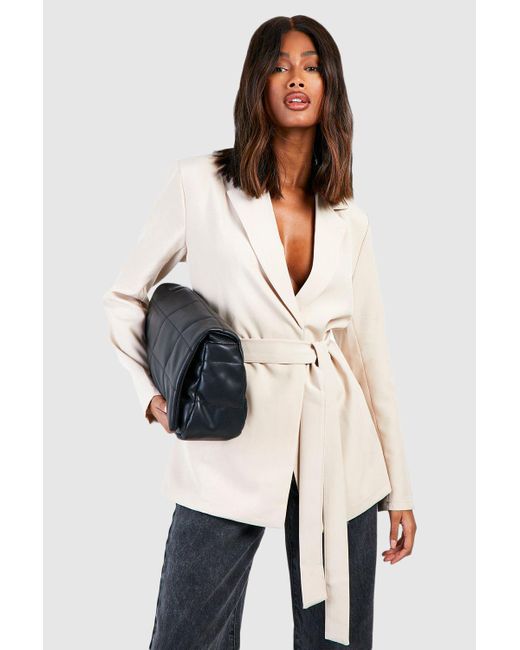Boohoo Natural Basic Tie Waist Relaxed Fit Blazer