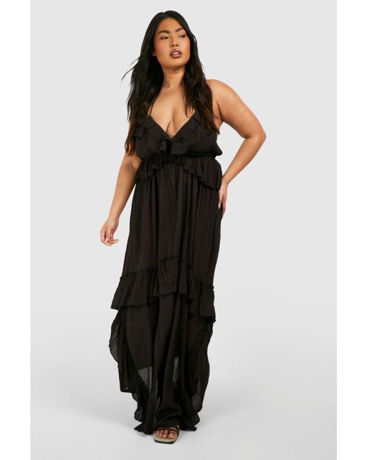 Boohoo Black Plus Cheesecloth Ruffle Frill Detail Strappy Maxi Dress