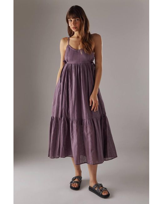 Warehouse Brown Cotton Dobby Strappy Tie Waist Midi Sundress