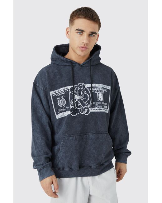 BoohooMAN Blue Oversized Acid Wash Graphic Hoodie for men