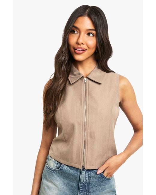 Boohoo Natural Woven Tailored Collared Zip Through Waistcoat