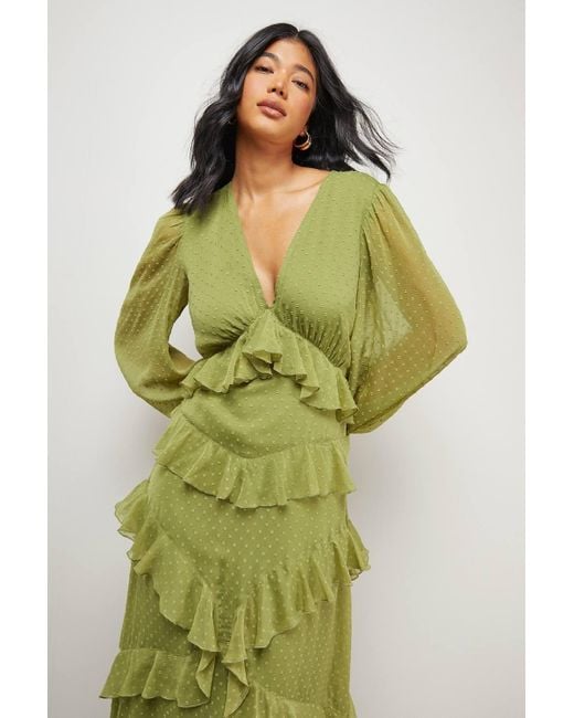 Warehouse Chiffon Plunge Neck Ruffle Detail Volume Sleeve Maxi Dress in  Green | Lyst