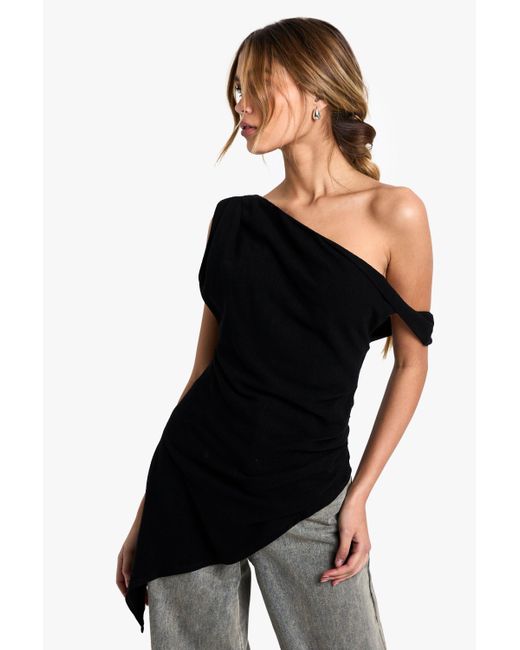 Boohoo Black Linen Look Drape One Shoulder Asymmetric Top