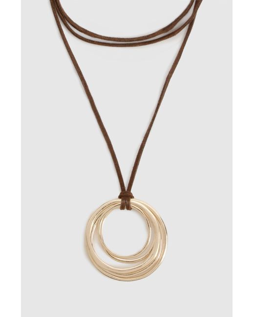 Boohoo Brown Double Ring Drop Cord Necklace