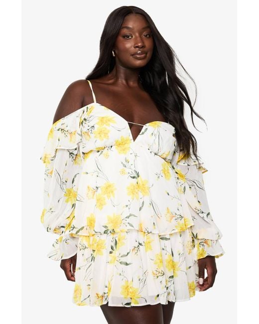 Boohoo Women's White Plus Chiffon Cold Shoulder Skater Dress