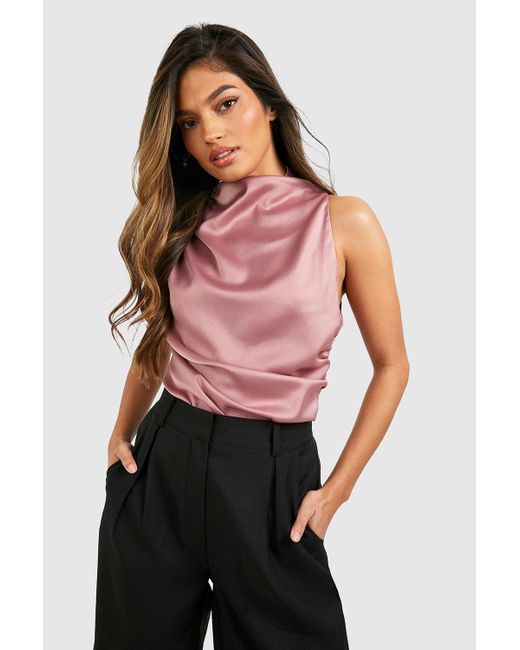 Boohoo Red Satin Cowl High Neck Blouse