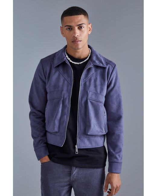 BoohooMAN Blue Boxy Faux Suede Collared Jacket for men