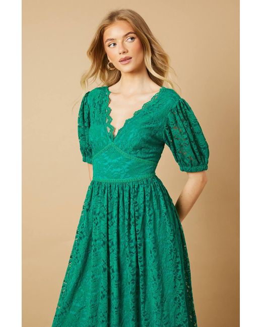 Oasis Green Lace Puff Sleeve V Neck Midaxi Dress