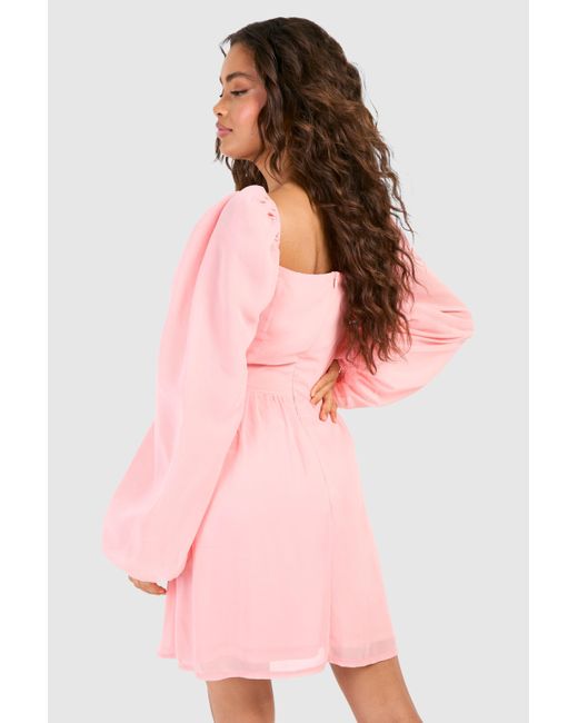 Boohoo Pink Chiffon Blouson Sleeve Milkmaid Mini Dress