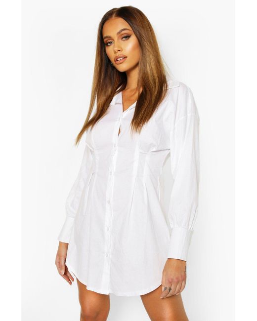 white cinched waist shirt dress