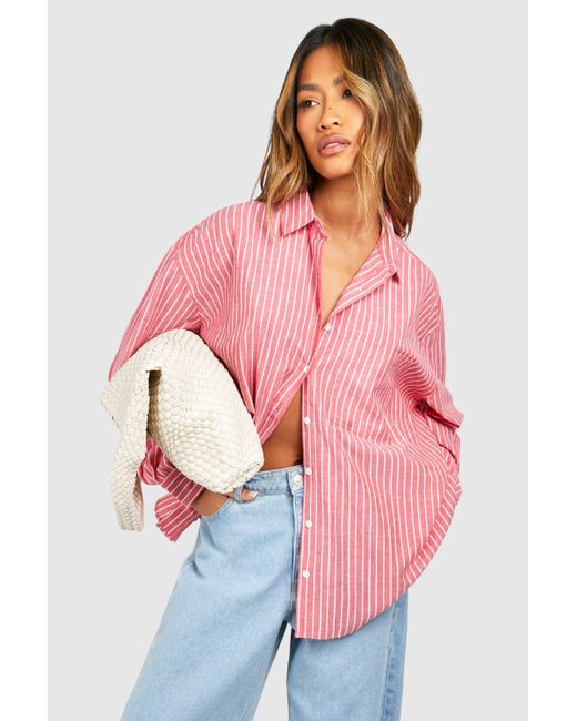 Boohoo Pink Oversized Pocket Detail Fine Stripe Shirt