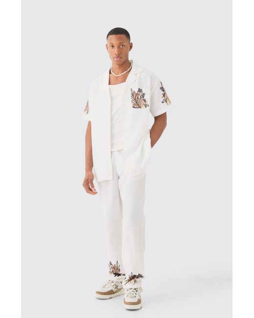 BoohooMAN White Linen Look Floral Hem Shirt & Pants for men