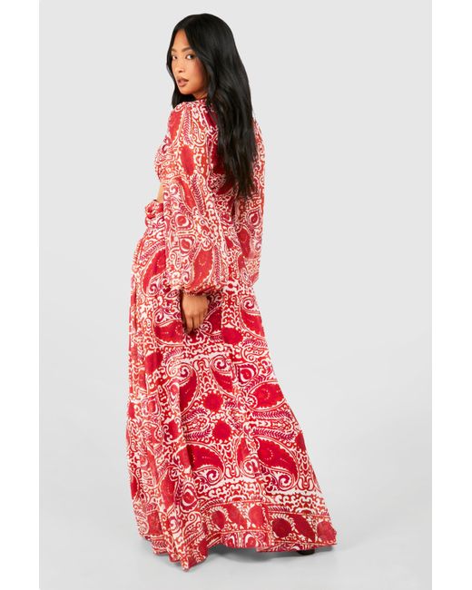 Boohoo Red Petite Tile Print Ring Detail Cut Out Maxi Dress
