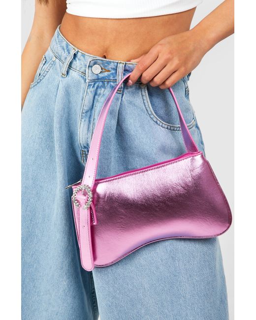 Boohoo Pink Diamante Buckle Shoulder Bag