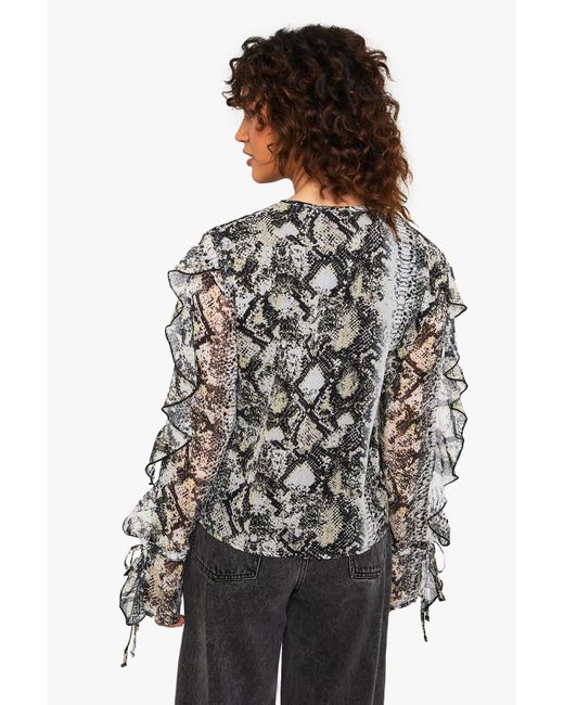 Boohoo Black Snake Print Chiffon Tie Front Blouse