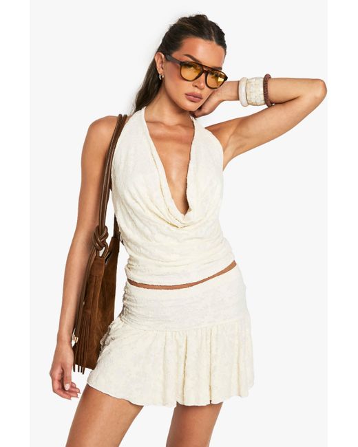 Boohoo White Floral Jacquard Pleated Mini Skirt